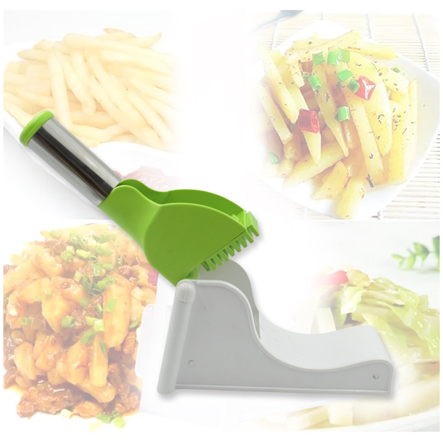 Potato chipser with container for quick slicing. Potato chipser with container for quick slicing.